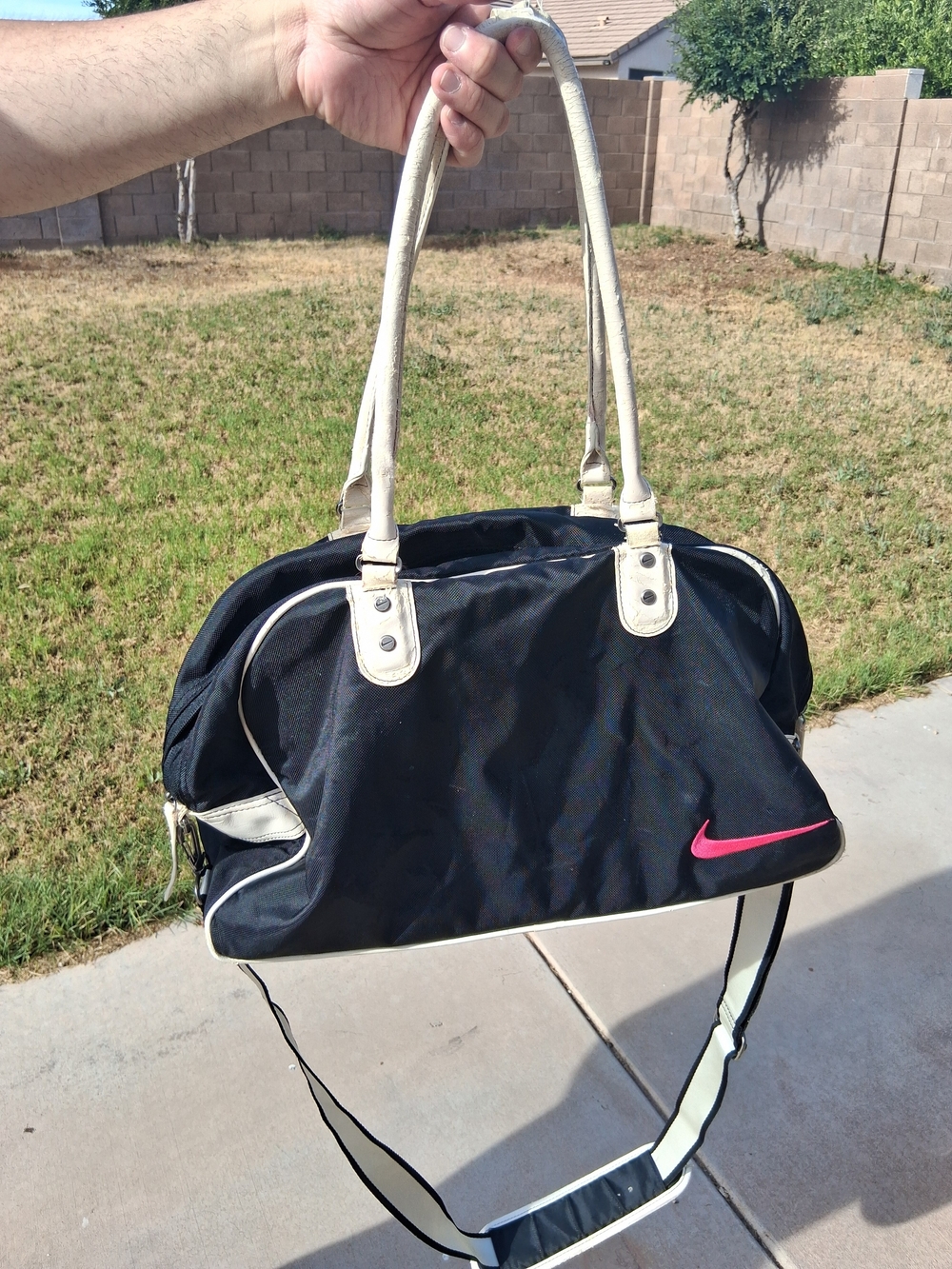 Nike Black and White Women's Duffel Bag with Pink Swoosh